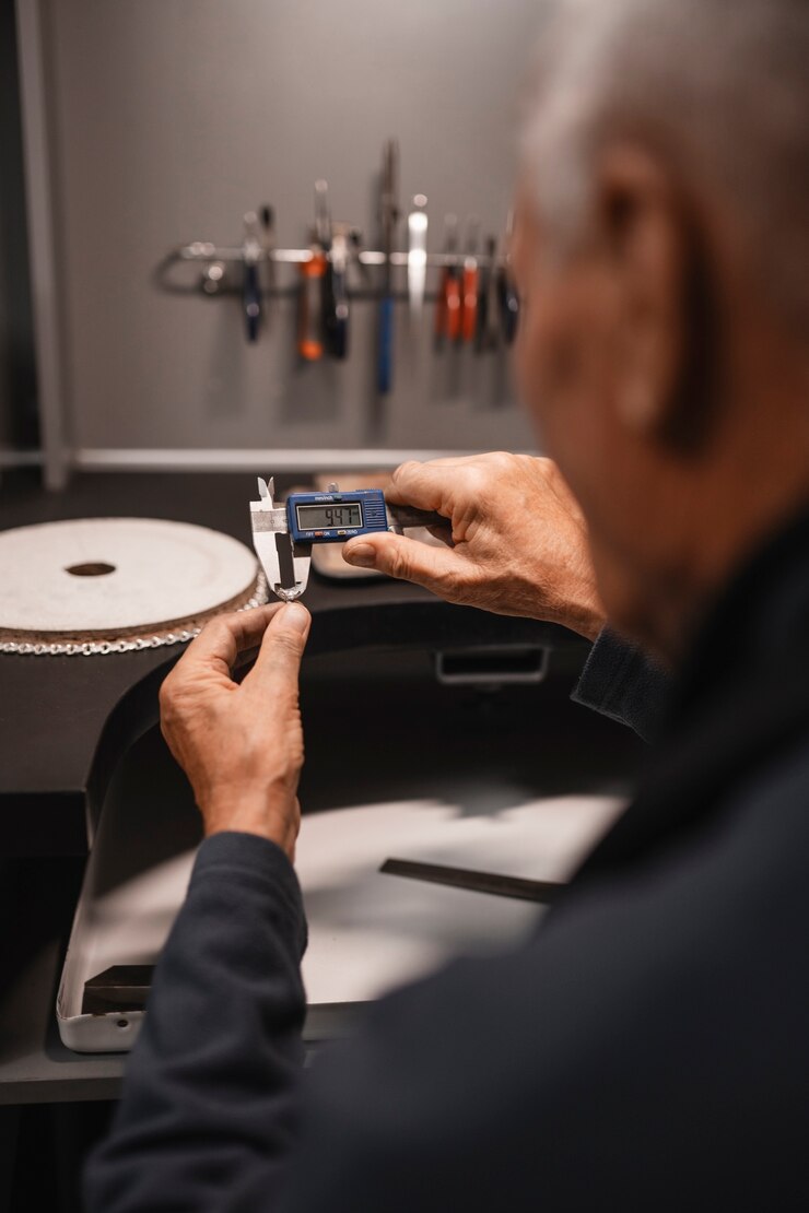 Male jeweler working in the shop with measuring device